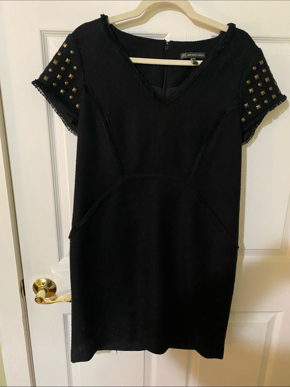 Adrianna Papell Black V-Neck Mini Dress with Gold Studs